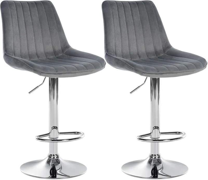 Lot de 2 tabourets de bar réglable en hauteur pivotant à 360° assise en velours gris couture verticale pied métal chromé 10_0006732