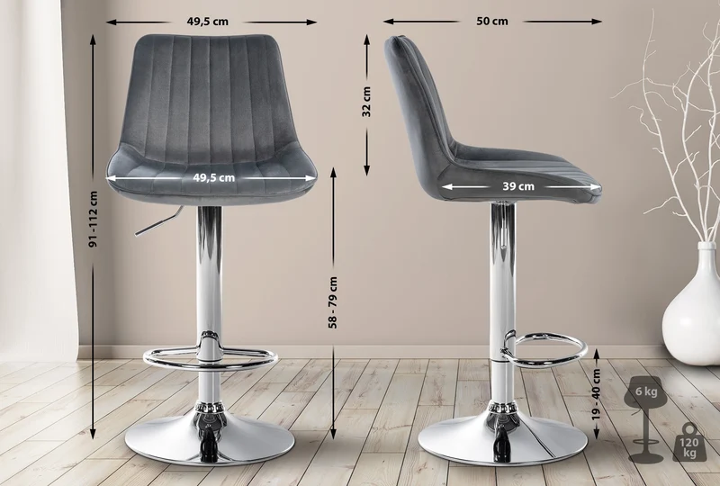 Lot de 2 tabourets de bar réglable en hauteur pivotant à 360° assise en velours gris couture verticale pied métal chromé 10_0006732