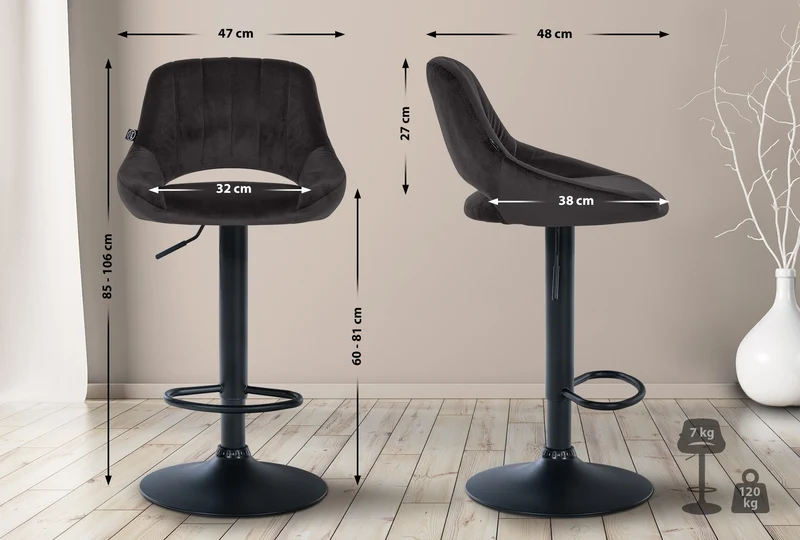 Lot de 2 tabourets de bar réglables en velours noir dossier ajouré et pied métal noir 10_0006143