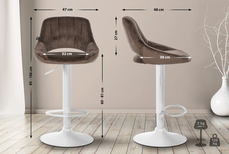 Lot de 2 tabourets de bar réglables en velours marron dossier ajouré et pied métal blanc 10_0005586