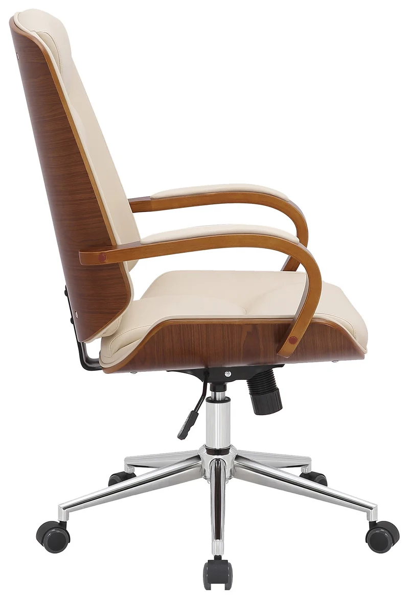 Fauteuil de bureau avec accoudoirs hauteur réglable en similicuir crème structure en bois courbé et métal 10_0007034