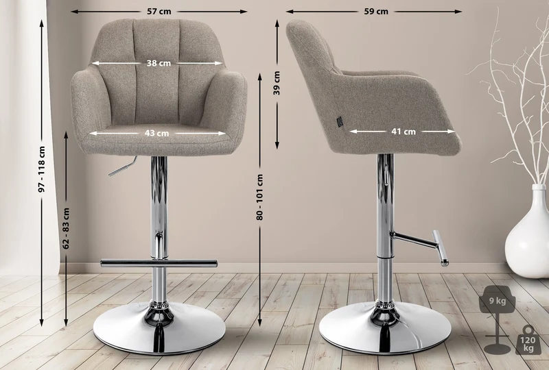 Tabouret de bar chaise haute x1 fonction rotation 360° en tissu taupe avec coutures décoratives piètement métal chromé 10_0005273