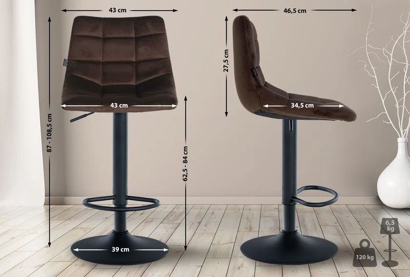 Lot de 2 tabourets de bar en velours marron base métal noir réglable en hauteur et repose-pieds TDB10624