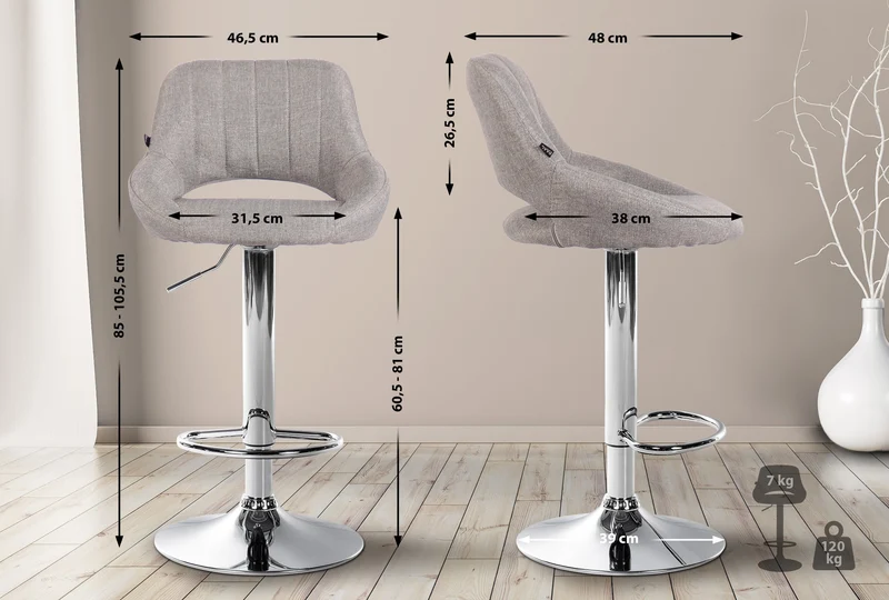 Lot de 2 tabourets de bar avec repose-pieds pivotant et réglable en tissu gris et métal TDB10809
