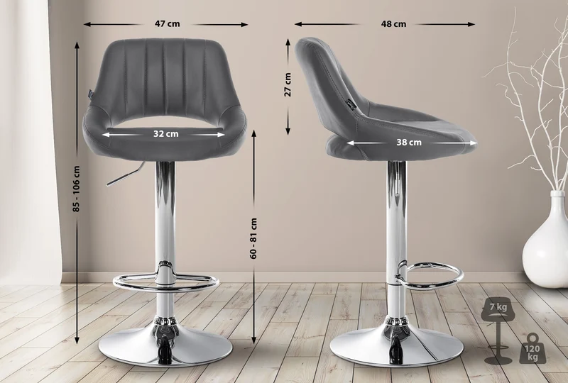 Lot de 2 tabourets de bar avec repose-pieds en forme d'arc assise en similicuir gris cadre en métal TDB10752