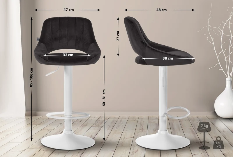 Lot de 2 tabourets de bar réglables en velours noir dossier ajouré et pied métal blanc 10_0006144