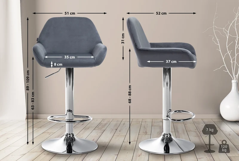 Lot de 2 tabourets de bar repose-pieds en forme d'arc en métal chromé assise en velours gris foncé 10_0004031