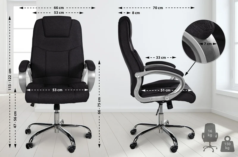 Fauteuil de bureau ergonomique est confortable en tissu noir et métal chromé 10_0002386