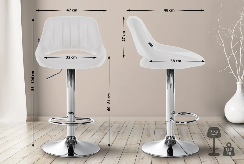 Tabouret de bar x1 avec repose-pieds pivotant et réglable en PVC blanc et métal 10_0005213