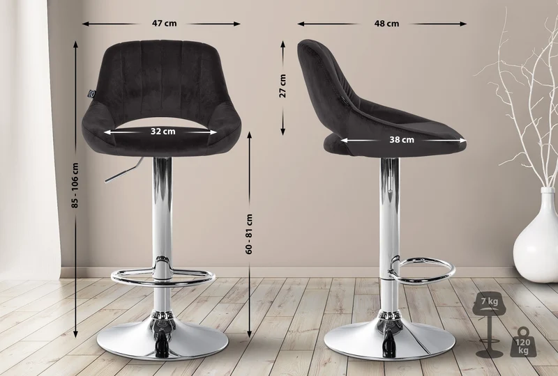 Lot de 2 tabourets de bar avec repose-pieds en forme d'arc assise en tissu noir cadre en métal TDB10760