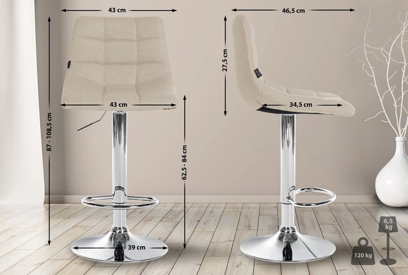 Lot de 2 tabourets de bar en tissu crème base métal chromé réglable en hauteur et repose-pieds TDB10620