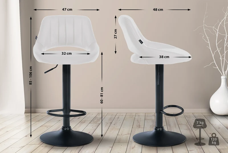 Tabouret de bar chaise haute x1 réglables en PVC blanc dossier ajouré et pied métal noir 10_0006101
