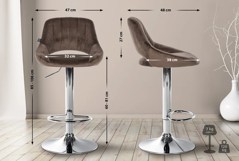 Lot de 2 tabourets de bar avec repose-pieds en forme d'arc assise en tissu velours marron cadre en métal TDB10756
