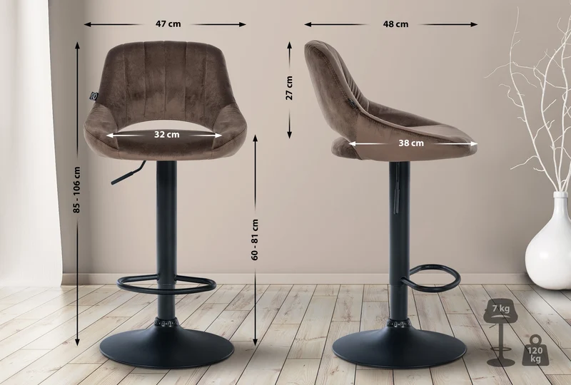 Tabouret de bar x1 réglable en hauteur en velours marron dossier ajouré et pied métal noir 10_0005735