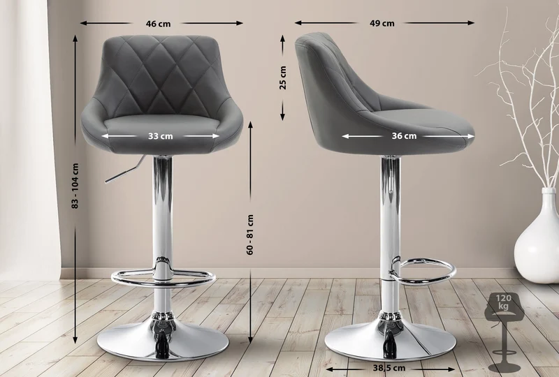 Tabouret de bar chaise haute x 1 avec coutures décoratives assise en PVC gris pieds métal 10_0005082
