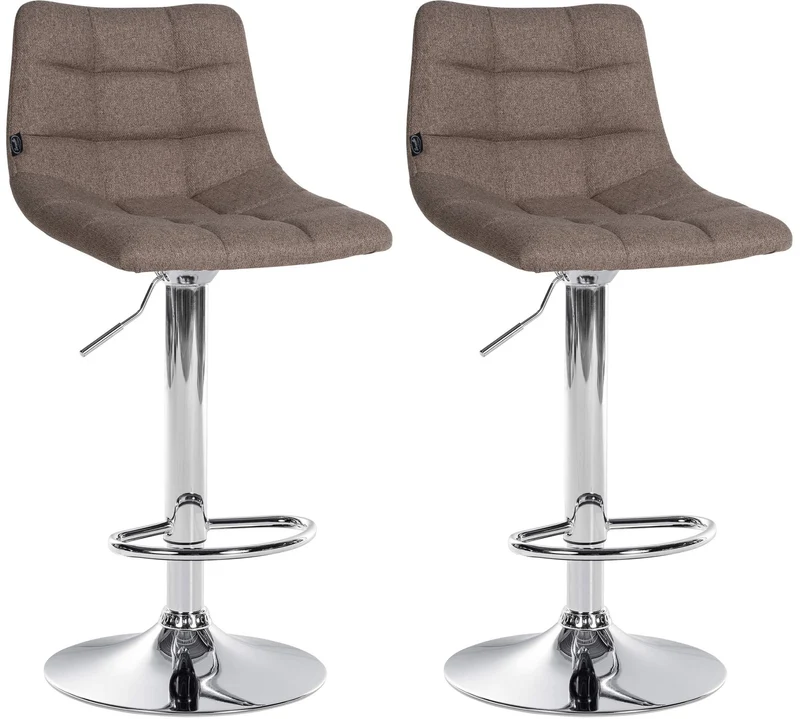 Lot de 2 tabourets de bar moderne en tissu taupe motif matelassé piètement trompette métal chromé 10_0006044