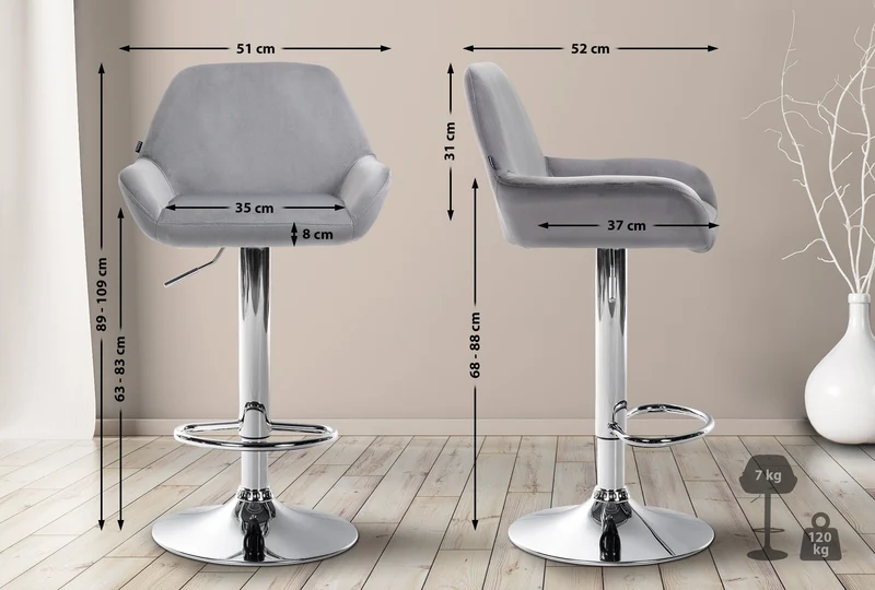 Lot de 2 tabourets de bar repose-pieds en forme d'arc en métal chromé assise en velours gris 10_0004033