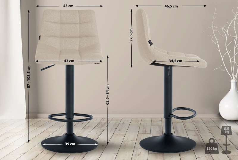 Lot de 2 tabourets de bar en tissu crème base en trompette réglable en hauteur et repose-pieds TDB10615