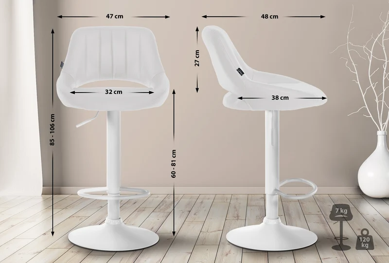 Tabouret de bar chaise haute x1 réglables en PVC blanc dossier ajouré et pied métal blanc 10_0006100