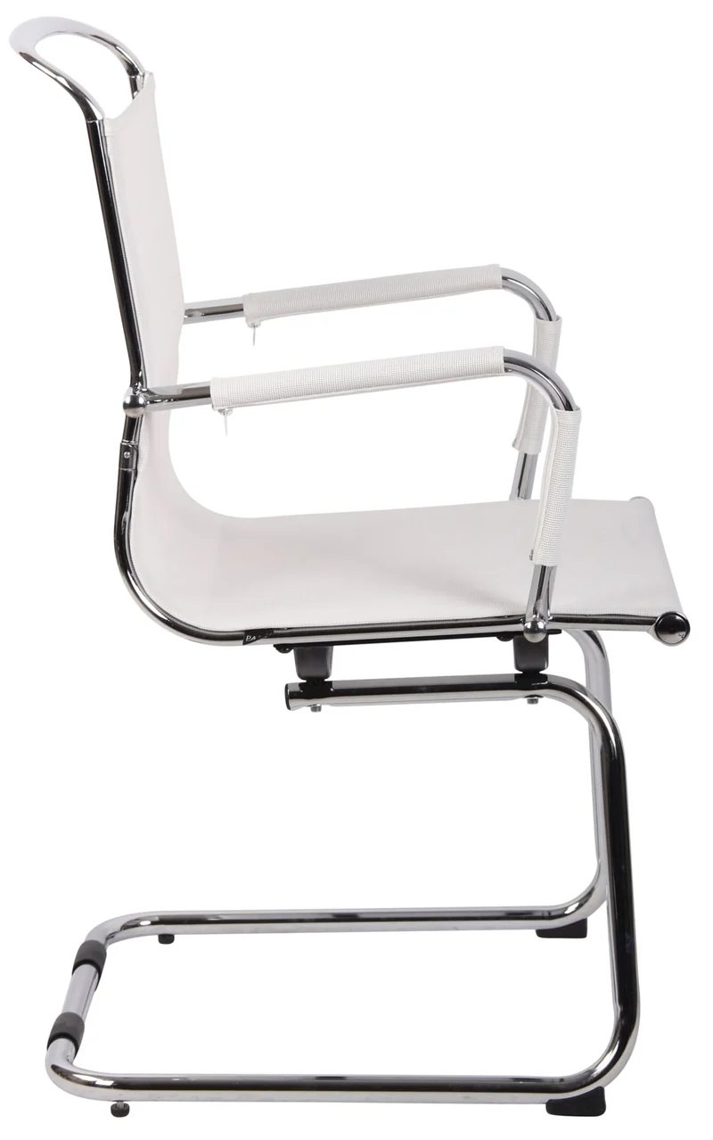 Chaise visiteur en tissu mesh blanc respirant avec accoudoirs et piètement luge métal chromé 10_0008433