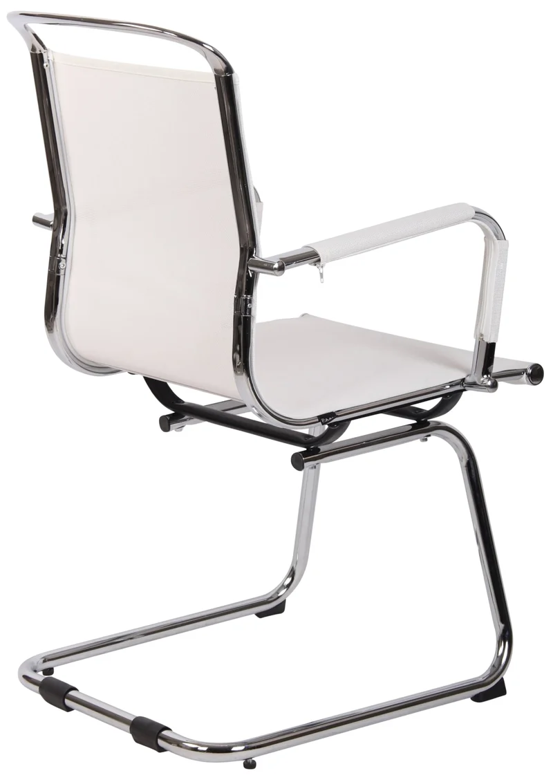 Chaise visiteur en tissu mesh blanc respirant avec accoudoirs et piètement luge métal chromé 10_0008433