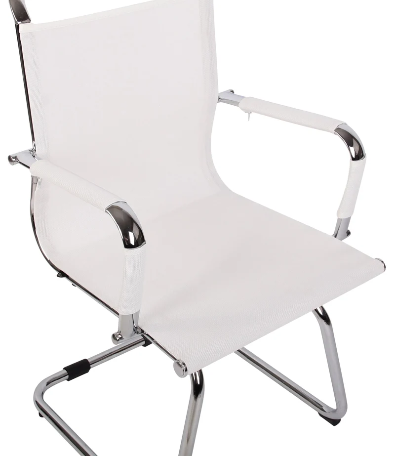 Chaise visiteur en tissu mesh blanc respirant avec accoudoirs et piètement luge métal chromé 10_0008433