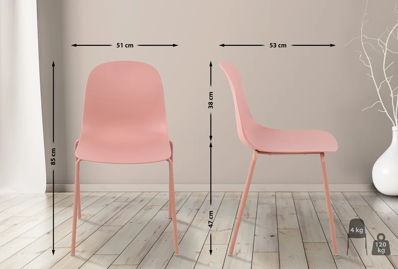 Chaise de jardin empilable en plastique rose et cadre robuste à quatre pieds en acier 10_0007408