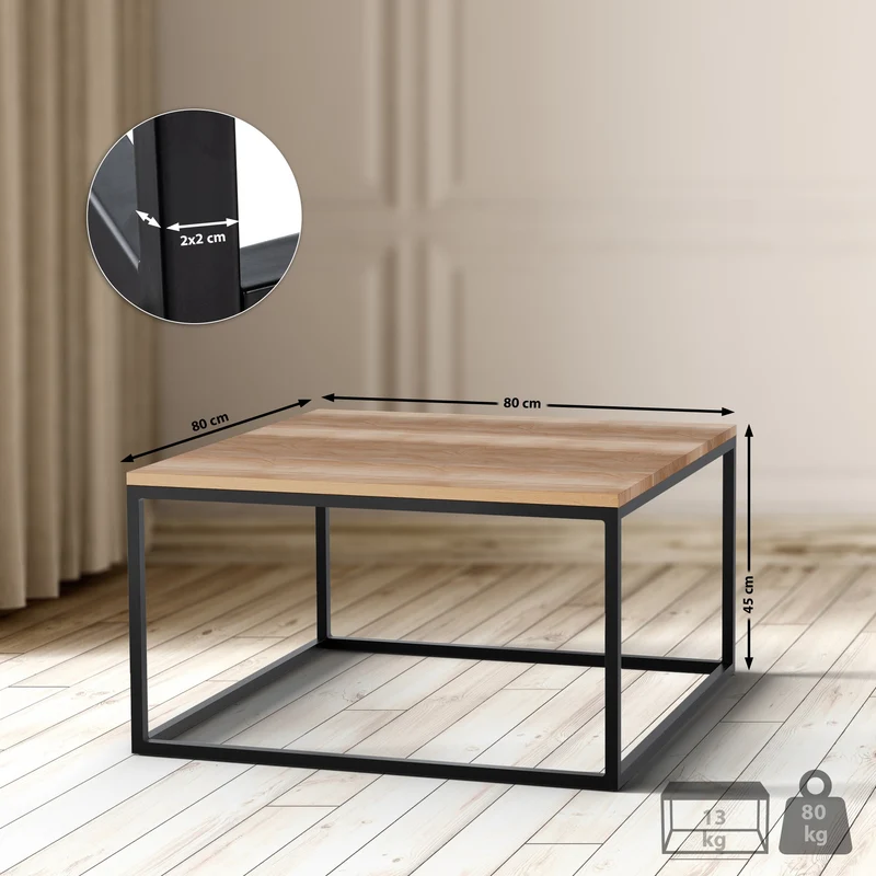 Table basse minimaliste au design épuré 80x80x45 cm plateau en chêne massif cadre en métal thermolaqué noir 10_0009158
