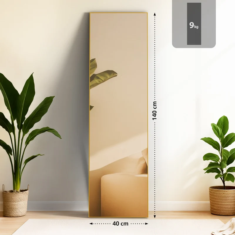 Miroir pleine longueur sur pied et mural cadre métal doré brillant design épuré 140x40 cm 10_0008391