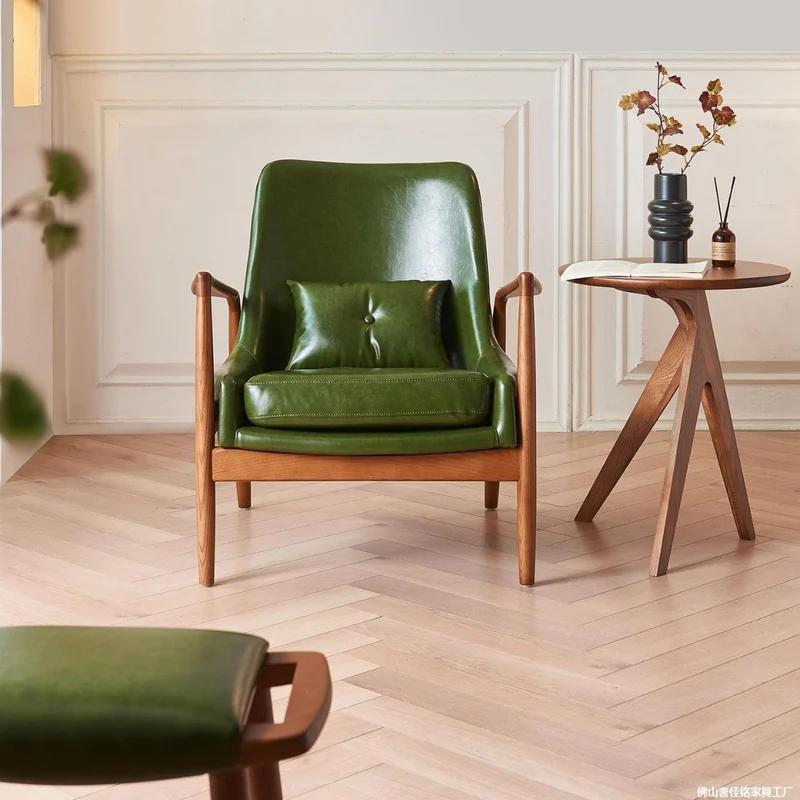 Contemporary Nordic Leather, Fabric & Wood Curved Accent Chair For Bedroom & Living Room