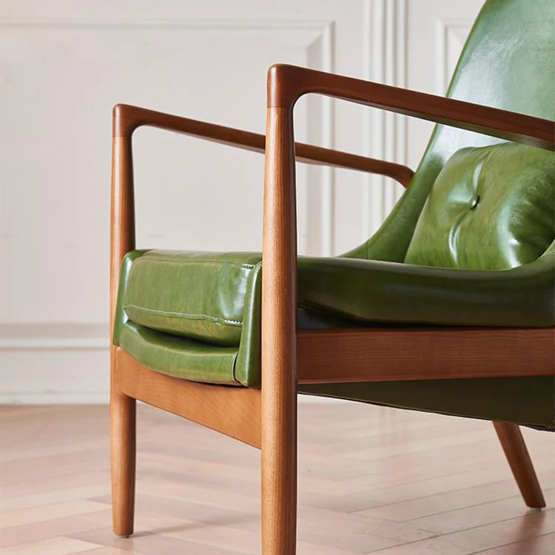 Contemporary Nordic Leather, Fabric & Wood Curved Accent Chair For Bedroom & Living Room