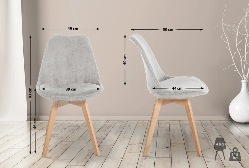 Chaise de salle à manger x1 design scandinave en velours côtelé gris et pieds en bois clair 10_0007270
