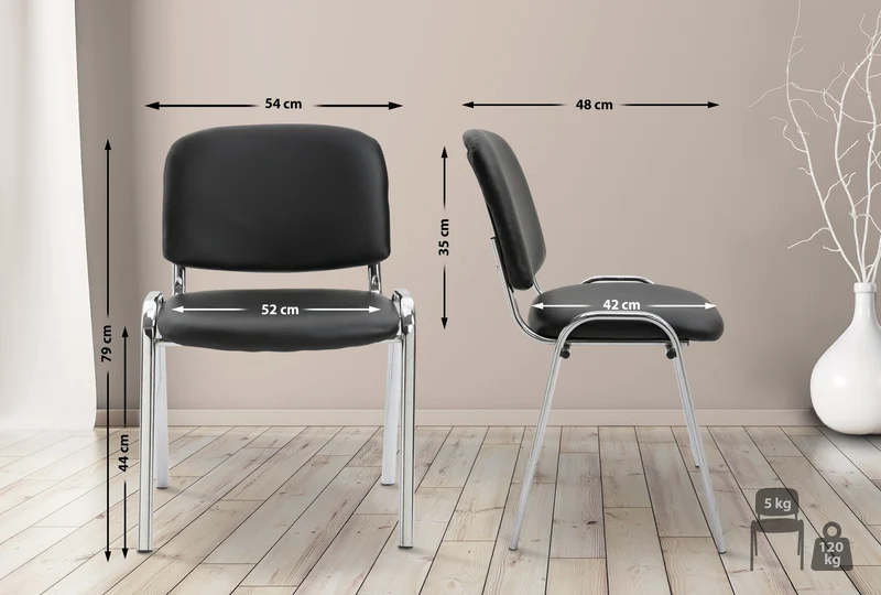 Chaise visiteur empilable zone d'attente en PVC noir piètement à 4 pieds en métal chromé 10_0003365