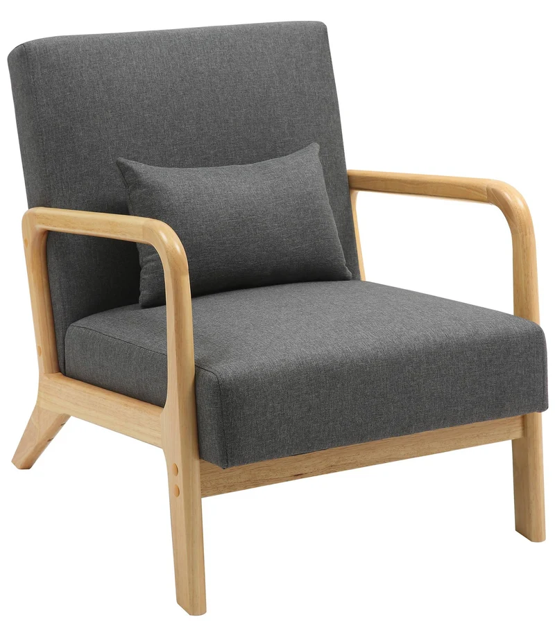 Fauteuil design scandinave en bois clair avec coussins rembourrés gris– Confort naturel 10_0008244