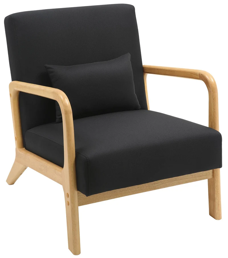 Fauteuil design scandinave en bois clair avec coussins rembourrés noir– Confort naturel 10_0008230