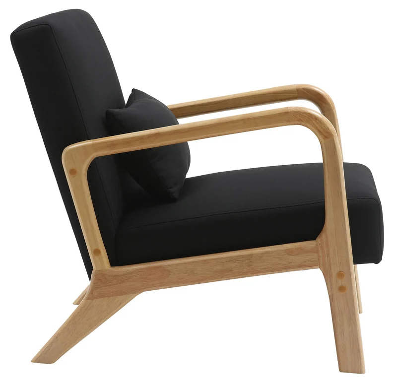 Fauteuil design scandinave en bois clair avec coussins rembourrés noir– Confort naturel 10_0008230
