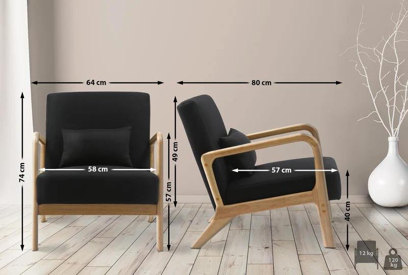 Fauteuil design scandinave en bois clair avec coussins rembourrés noir– Confort naturel 10_0008230