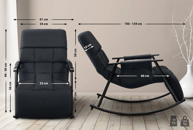 Fauteuil relax à bascule rembourré tissu noir avec repose-pieds – Confort et détente 10_0008542
