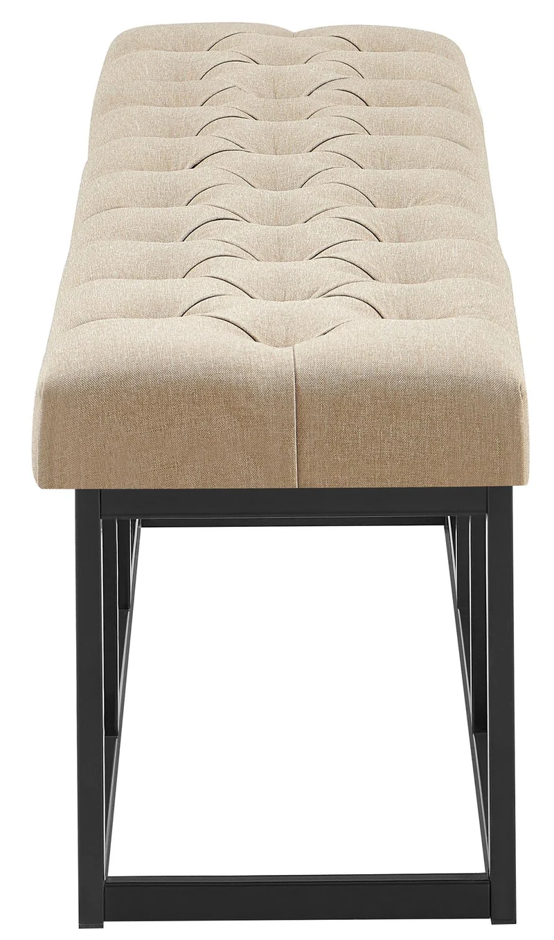 Banc capitonné rembourré 150 cm tissu taupe avec structure métal noir design contemporain 10_0008629