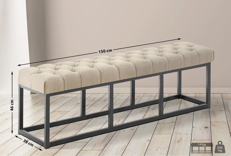 Banc capitonné rembourré 150 cm tissu taupe avec structure métal noir design contemporain 10_0008629