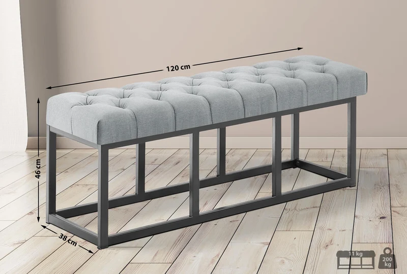 Banc capitonné rembourré 120 cm tissu gris avec structure métal noir design contemporain 10_0008527