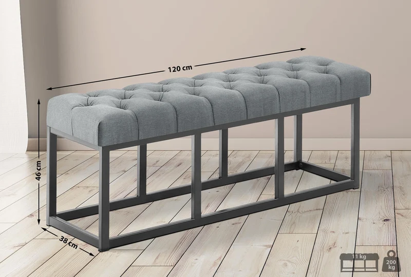 Banc capitonné rembourré 120 cm tissu gris foncé avec structure métal noir design contemporain 10_0008521