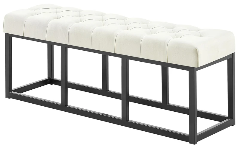 Banc capitonné rembourré 120 cm tissu crème avec structure métal noir design contemporain 10_0008460