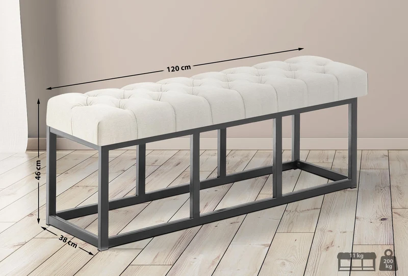 Banc capitonné rembourré 120 cm tissu crème avec structure métal noir design contemporain 10_0008460