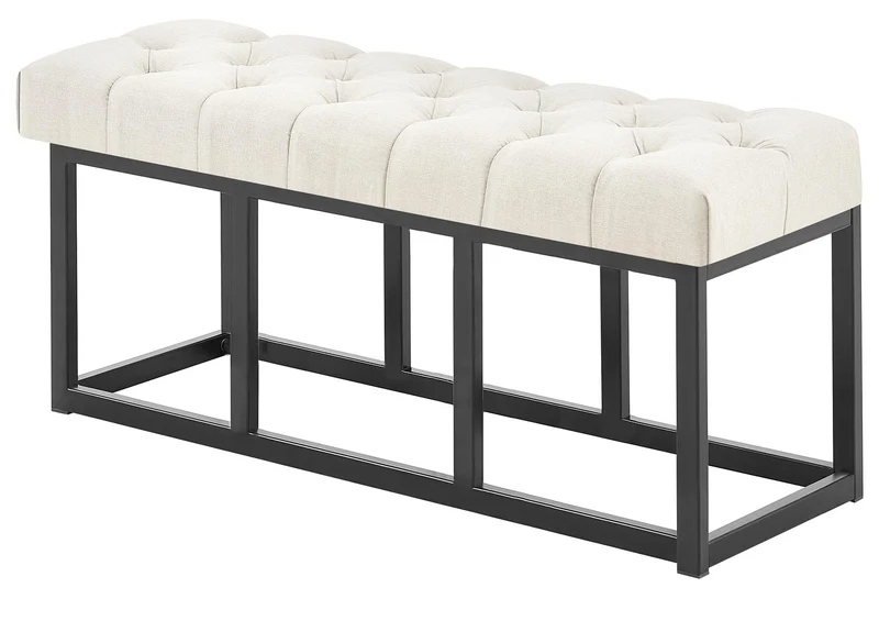 Banc capitonné rembourré 100 cm tissu crème avec structure métal noir design contemporain 10_0008432