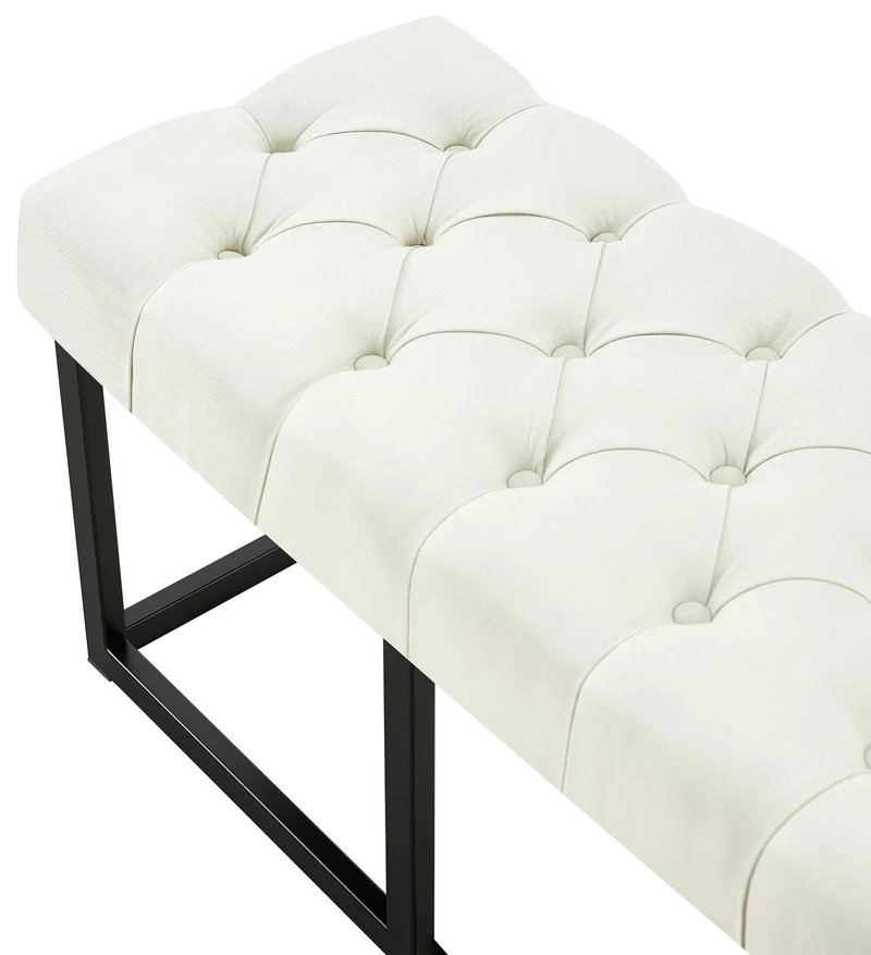 Banc capitonné rembourré 100 cm tissu crème avec structure métal noir design contemporain 10_0008432