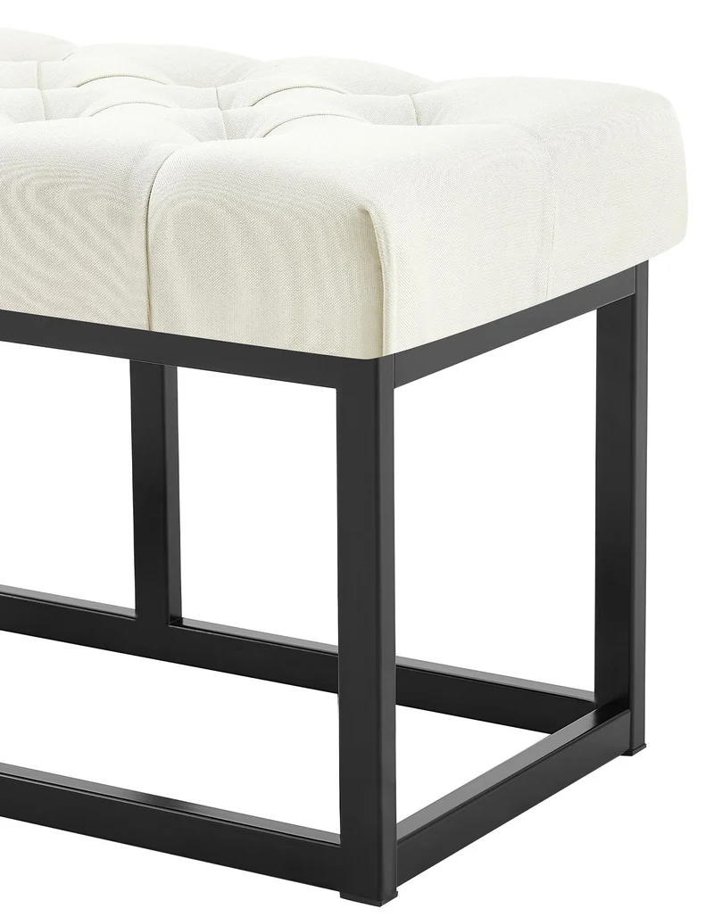 Banc capitonné rembourré 100 cm tissu crème avec structure métal noir design contemporain 10_0008432