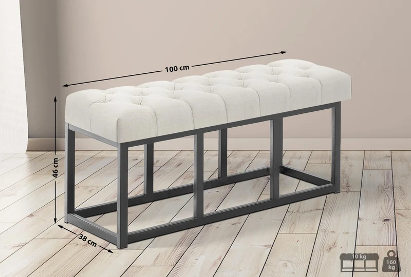 Banc capitonné rembourré 100 cm tissu crème avec structure métal noir design contemporain 10_0008432