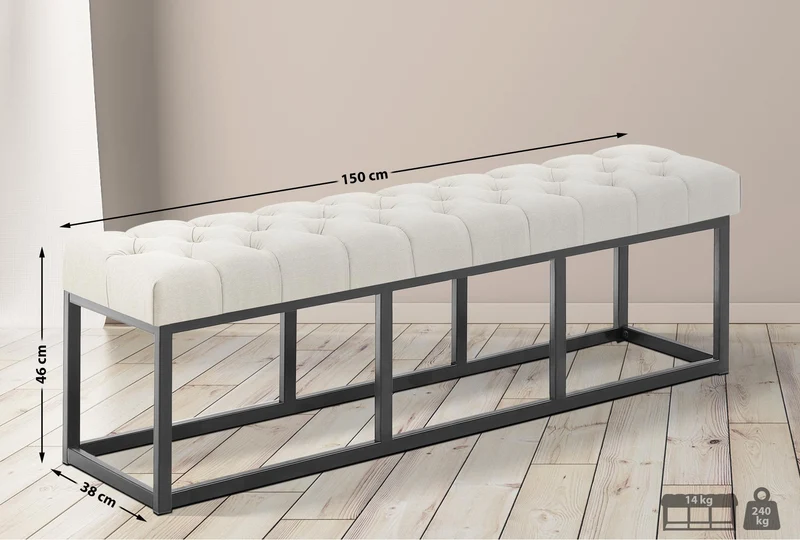 Banc capitonné rembourré 150 cm tissu crème avec structure métal noir design contemporain 10_0008386