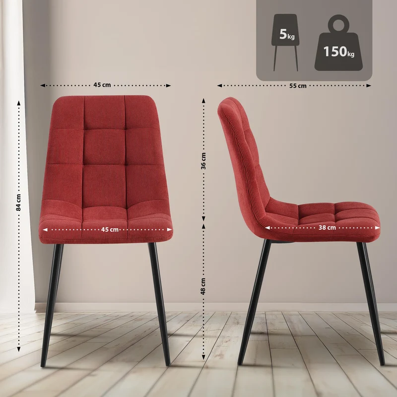 Lot de 4 chaises de salle à manger design en velours côtelé bordeaux à coutures carrées – Pieds métal noirs 10_0007754